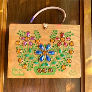 Vintage Enid Collins of Texas &quot;Flower Basket&quot; Wooden Jeweled Box Purse 1960s Handbag