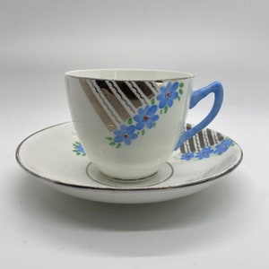 Vintage Windsor England Bone China Tea Cup & Saucer 1940s Blue Flowers + Silver Porcelain