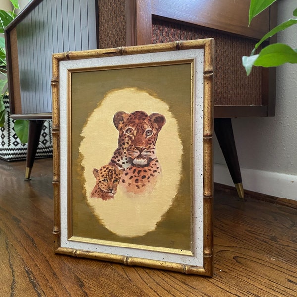 Vintage 70s Original Painting Cheetah & Cub Portrait in Gold Bamboo Frame Signed Art