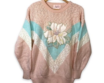 Vintage 80s Jaclyn Smith Women&#39;s Pastel Pearl Embellished Flower Sweater - Small