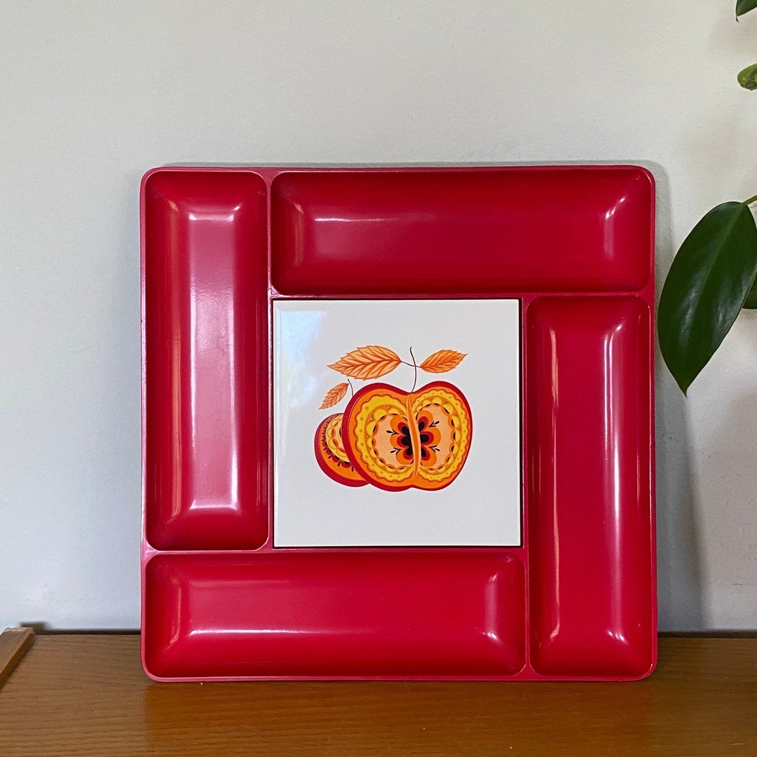 Vintage Mid Mod Retro Apple Tile Red Serving Tray MCM Platter Dish Etsy