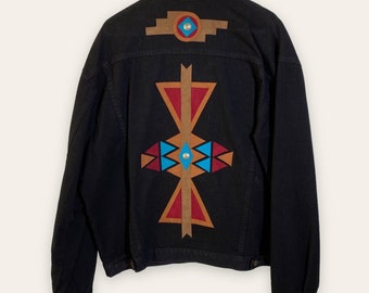 Vintage Moxie Southwest Lily & Wolf Schlien Art Santa Fe Aztec Black Denim Jacket - XL