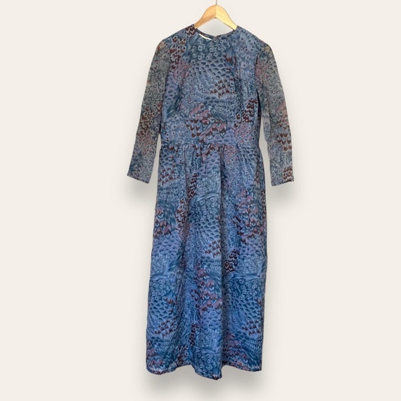 Vintage 1960s Blue Feather Print Hand Made by Mary Dell Long Sleeve Dress