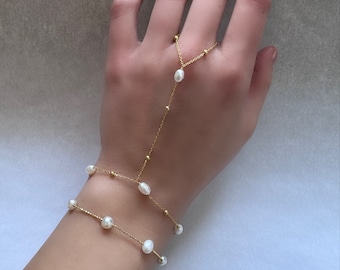 Real Pearl Hand Chain Bracelet, Gold Hand Chain with Beaded Chain , Silver Hand Chain, Beaded Hand Jewelry , Dainty Hand Chain in Gold