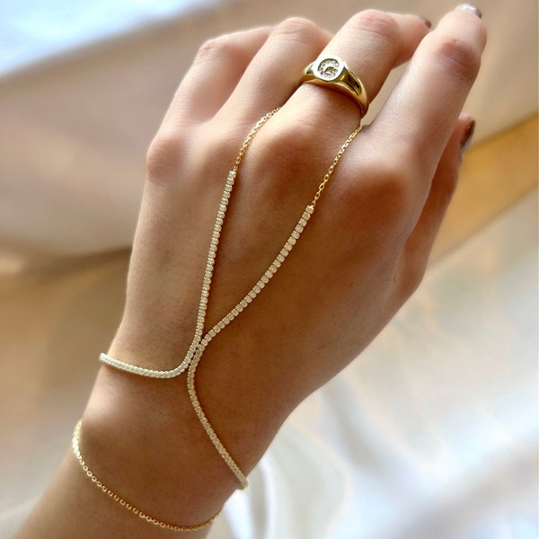 Cz Hand Chain Bracelet| Tennis Slave Bracelet in Gold| 925 Silver Dainty Hand Chain| Cubic Zirconia Finger Bracelet| Lariat Bracelet