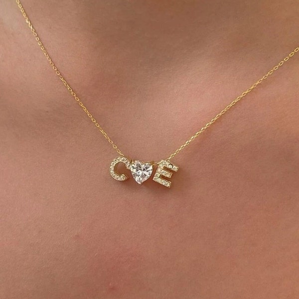 Double initial Necklace with Heart, Two initial Necklace in Gold, Couple initial Necklace, Princess Necklace, Personalized Necklace for Her