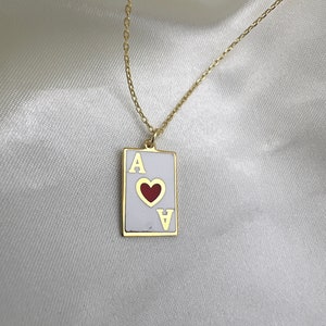 Gold Ace of Heart Necklace, Enameled Ace of Spade Necklaces, Silver Playing Card Necklaces for Women, Gold Filled Poker Card Charm Pendant