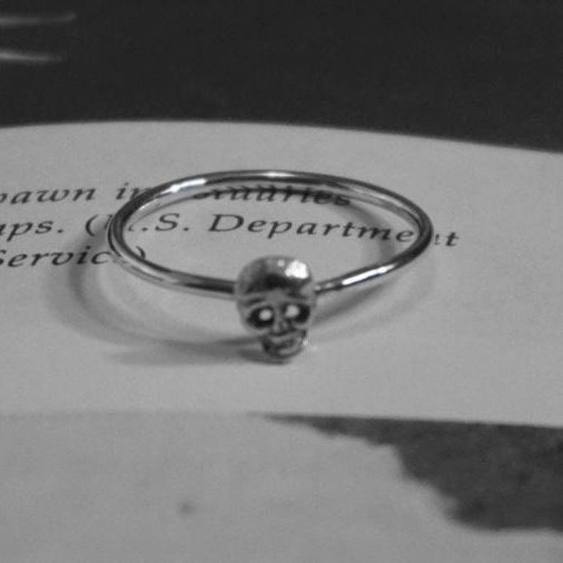 May include: A silver ring with a skull design. The ring is thin and delicate.