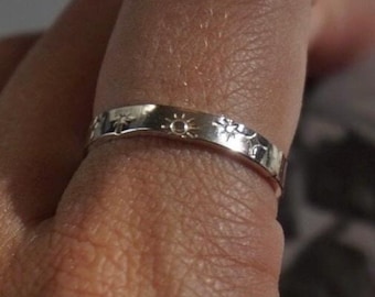 Custom Initial Starry Sky Promise Ring Argentium Silver Band Sun and Stars pattern mens Thick Band ring for her gift for best friend