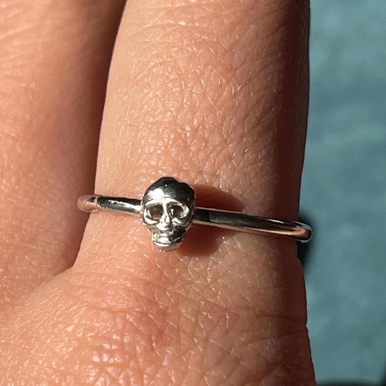 May include: A silver ring with a small skull design.