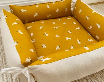 MUSTARD BUNNIES - Reversible Bolster bed for small pets. Rabbits, guinea pigs, cats, small dogs