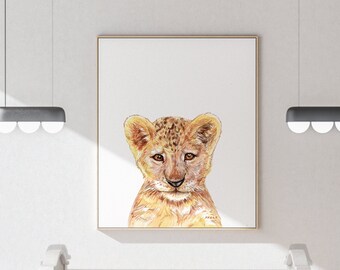PRINTABLE Baby Lion Print, DIGITAL download, Lion Poster, Watercolour, baby animals Wall Art, Instant Download