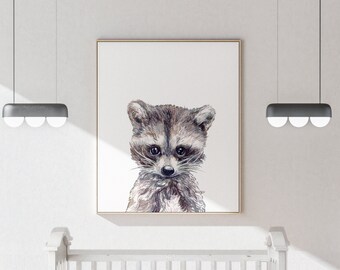 Nursery decor, Raccoon print, Watercolour, Woodland animals PRINTABLE decor, Kids animal decor Animal art Baby animals, Woodland baby shower