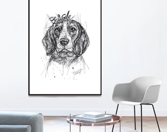 PRINTABLE Beagle DOG Print, DIGITAL downloadable, dog Poster, Pen Drawing, Sketch doodle art, Wall Art, Instant Download