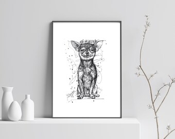 PRINTABLE Chihuahua DOG Print, DIGITAL downloadable, dog Poster, Pen Drawing, Sketch doodle art, Wall Art, Instant Download