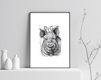 PRINTABLE PIG Print, DIGITAL downloadable, Black & white pig Poster, Lovely Pig, Pen Drawing, Sketch doodle art, Wall Art, Instant Download