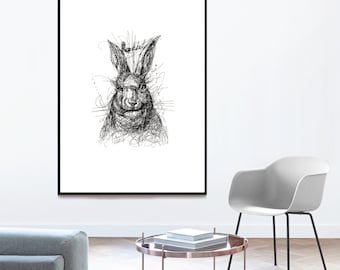 PRINTABLE RABBIT Print, DIGITAL download, Rabbit Poster, Pen Drawing, Sketch doodle art, Wall Art, Instant Download