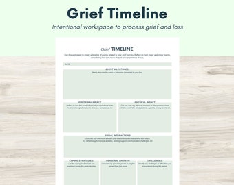 May include: A printable worksheet titled "Grief Timeline" with a green background. The worksheet is designed to help process grief and loss by creating a timeline of events related to grief. The worksheet includes sections for date, event milestones, emotional impact, physical impact, social interactions, coping strategies, personal growth, and challenges.