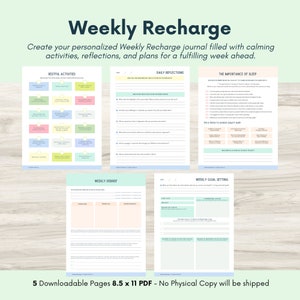Weekly Recharge Journal: Self-Care & Goal Setting | Mental Health PDF, Therapy Journal, Self-Reflection, Guided Prompts