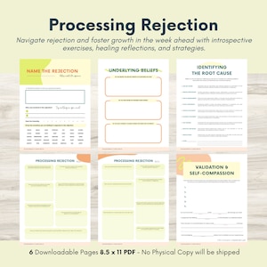May include: A printable worksheet set with six pages to help process rejection. The pages are yellow with orange accents and include titles like "Name the Rejection", "Underlying Beliefs", "Identifying the Root Cause", "Processing Rejection", and "Validation & Self-Compassion".