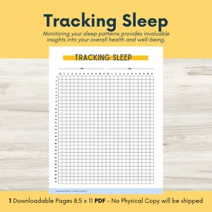 May include: Printable sleep tracker with a grid for recording sleep patterns. The grid is labeled with hours from 12 AM to 12 PM. The title of the printable is "Tracking Sleep".