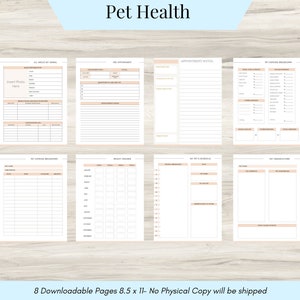 May include: Printable pet health log with sections for pet information, appointment notes, expense breakdowns, weight tracker, schedule, and observations. The pages are 8.5 x 11 inches.