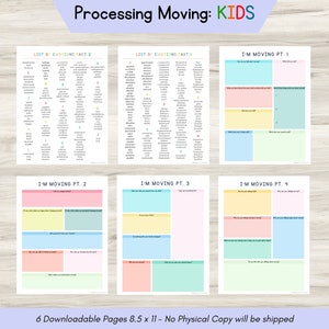 Puede incluir: Seis hojas de trabajo imprimibles diseñadas para ayudar a los niños a procesar la mudanza. Las hojas de trabajo se titulan "Me mudo Pt. 1" a "Me mudo Pt. 4". Cada hoja de trabajo tiene un esquema de color diferente e incluye preguntas para ayudar a los niños a reflexionar sobre sus sentimientos y experiencias relacionadas con la mudanza. Las hojas de trabajo también incluyen dos páginas tituladas "Lista de emociones Parte 1" y "Lista de emociones Parte 2", que proporcionan una lista completa de emociones a las que los niños pueden referirse.