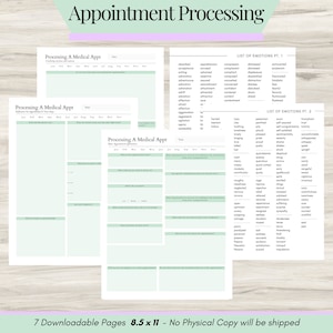 Puede incluir: Hoja de trabajo imprimible para procesar citas médicas. La hoja de trabajo incluye secciones para realizar un seguimiento de los detalles de las citas, procesar las emociones y reflexionar sobre la experiencia. La hoja de trabajo también incluye una lista de emociones en dos partes.