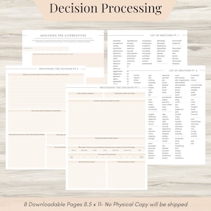 Decision Processing, Thought Processing Journal Pages for daily self care, mental health, & emotion list with breakdown worksheets -PDF