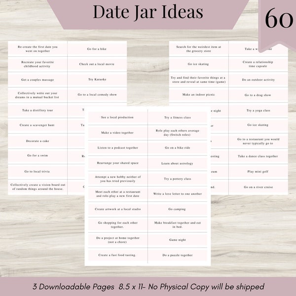 60 Date Ideas, Date Jar Prompts, Valentines date ideas, Relationship Goals, Couples Game ideas,