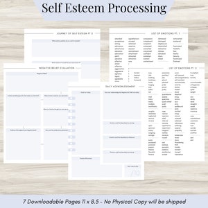 Self Esteem Processing Journal Pages for daily self care, mental health, & emotion list, breakdown worksheets Thought Processing -download