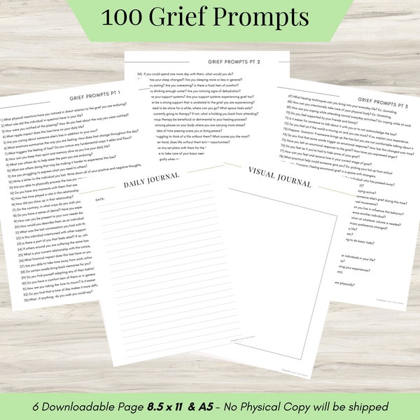 Grief Journal Prompts, 100 Grief Prompts, Deep Thought Mental Health Journal Prompts, Grief Care Package, Grief Journal, Therapy Journal PDF