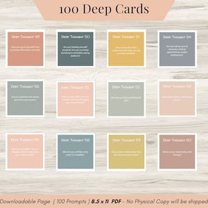 100 Deep Journal Prompts, Deep thought Prompts, Prompts Mental Health Journal, Self Care Journal, Writing Prompts, Conversation Cards, CBT