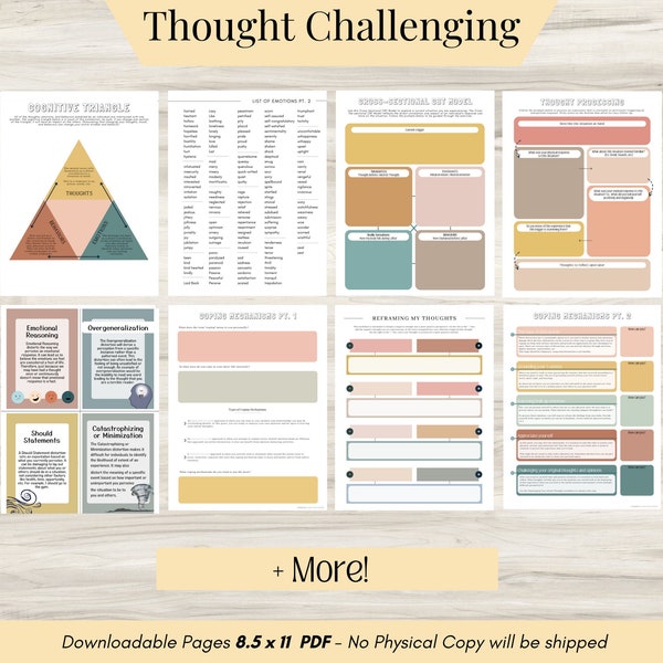 Thought Challenging Worksheets, CBT Therapy, DBT Skills, Cognitive Distortions, Thought Processing Worksheets, Therapy Resources, Therapist