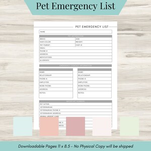 Lista de emergencias digital PET, plantilla de contacto de emergencia, páginas de planificación, plantillas de lista de contactos, información de contacto de emergencia (descargable)