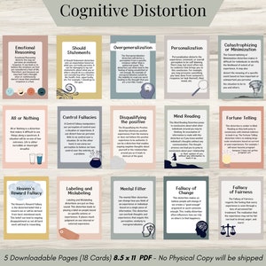 Tarjetas didácticas sobre distorsión cognitiva, tarjetas de TCC, terapia cognitivo-conductual, herramienta terapéutica para la ansiedad, pensamiento inútil, desafío del pensamiento