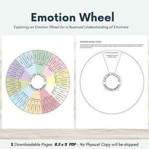 May include: A printable Emotion Wheel with a color palette, exploring emotions. The wheel is divided into sections with emotion labels. The image includes a cover for the wheel. Text on the image reads "Emotion Wheel" and "Exploring an Emotion Wheel for a Nuanced Understanding of Emotions."