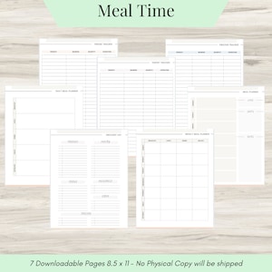 May include: Seven printable pages for meal planning, including a grocery list, freezer tracker, pantry tracker, daily meal planner, and weekly meal planner. The pages are designed in a minimalist style with black text on a white background.