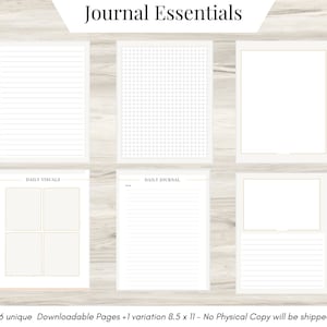 Può includere: Sei pagine di diario stampabili con diversi layout, tra cui pagine rigate, grigliate e vuote. Le pagine sono progettate per la tenuta di un diario quotidiano e il monitoraggio visivo. Il testo sulle pagine recita "Daily Visuals" e "Daily Journal".