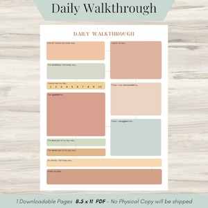 Daily Walkthrough, Therapy Worksheet, Daily Journal Planner, Mental Health Worksheets, Therapy Office Decor, ADHD, Anxiety, Psychology Tools