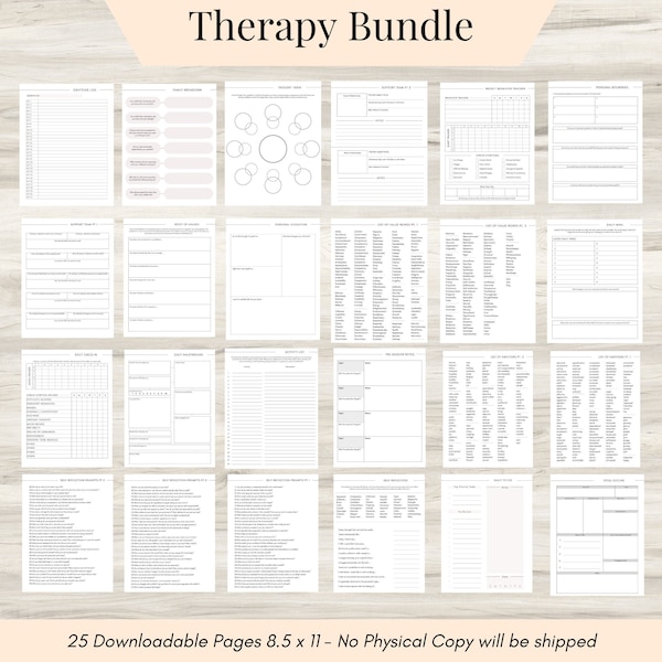 Hojas de trabajo para el diario de terapia y ansiedad, páginas de salud mental, autocuidado diario, salud mental y lista de emociones, lista de valores y sugerencias para el diario.