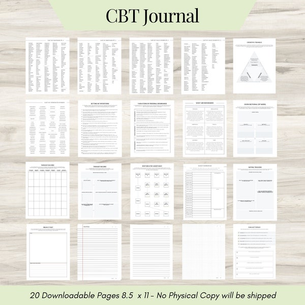 CBT Journal, Kognitive Verhaltenstherapie, Arbeitsblätter für psychische Gesundheit, ängstliche Gedanken, Gedankenverarbeitung, Notizen zu Therapiesitzungen, Journaling