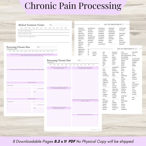 Chronic Illness Processing Therapy Journal, Mental Health Journal, Diagnosis, Therapy Worksheets, Chronic Pain Emotion Word List Included,