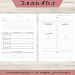 May include: Two printable pages with a worksheet titled "Fear Evaluator" and a chart titled "Elements of My Fear". The worksheet helps you identify and rate your fears. The chart helps you analyze your fear by identifying the thoughts, emotions, and behaviors associated with it.