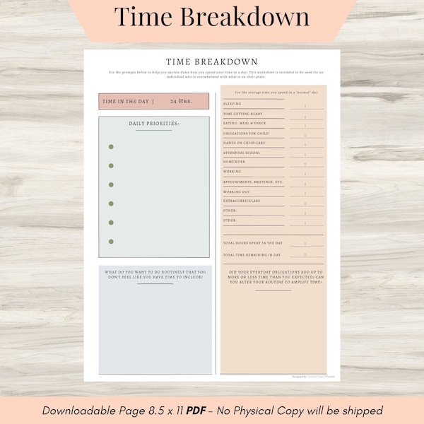 Time Breakdown, Time Management Worksheet , Time Management Planner, Time Management Guide for Single Adult & Families, Time Blocking -PDF