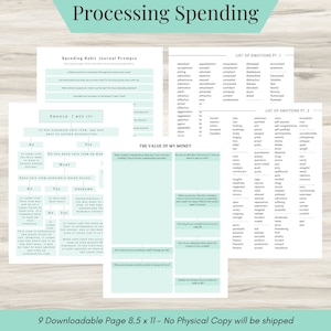 May include: A printable worksheet with a light green background and black text. The worksheet is titled "Processing Spending" and includes sections for "Spending Habit Journal Prompts", "Should I Buy It?", "The Value of My Money", and "List of Emotions".