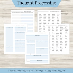 Thought Processing Journal Pages for daily self care, mental health, and emotion list with breakdown worksheets -downloadable