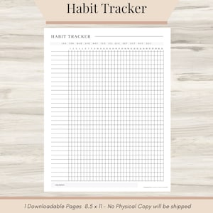 May include: A black and white printable habit tracker with a grid layout. The tracker includes a header with the text "Habit Tracker" and a row of month names from January to December. The tracker is designed for use with a pen or pencil to mark off daily habits.