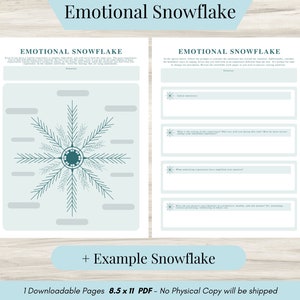 Könnte beinhalten: Druckbares Arbeitsblatt mit einem blauen Schneeflocken-Design. Das Arbeitsblatt trägt den Titel "Emotional Snowflake" und enthält Aufforderungen zur Selbstreflexion und emotionalen Verarbeitung.