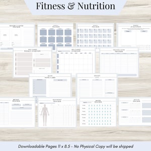 May include: A set of printable fitness and nutrition trackers. The trackers include a weight tracker, meal planner, water tracker, grocery list, and more. The trackers are designed to help you stay on track with your fitness and nutrition goals.